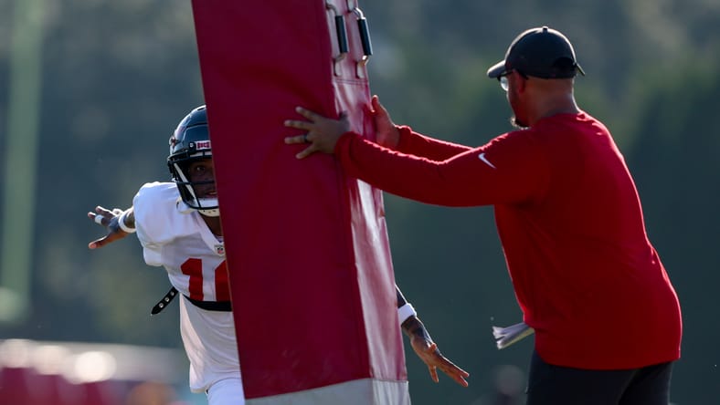 Trey Palmer participates in Buccaneers training camp drills.