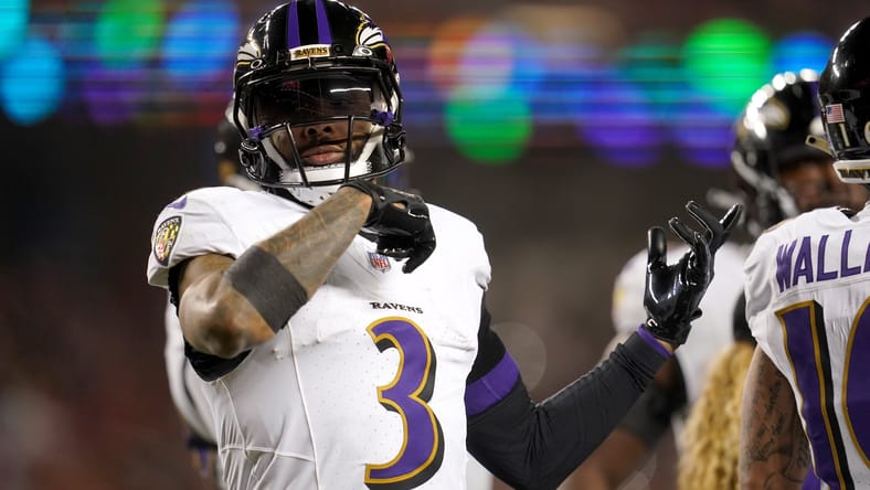 Odell Beckham Jr. reacts during a Ravens game versus the 49ers. Beckham Jr. jumped into the Vikings rumor mill in the summer of 2025 