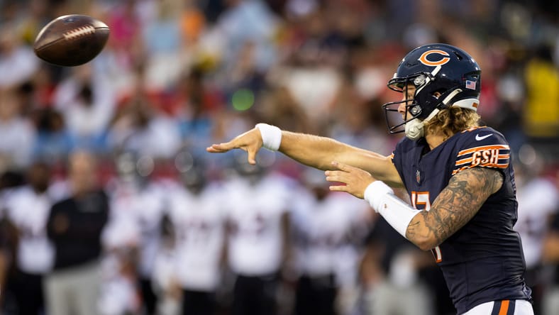 Bears quarterback Tyson Bagent throws pass vs. Texans at Hall of Fame Stadium. Some hot-take NFL predictions say Bagent will eventually win a QB1 job. 