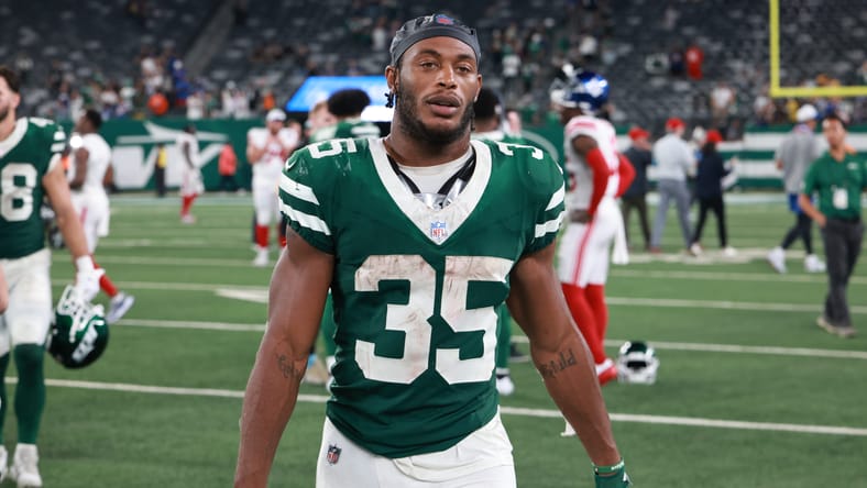 Xazavian Valladay after a Jets game at MetLife Stadium in 2024.