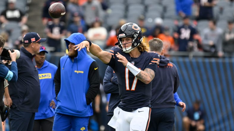 Tyson Bagent warms up before game vs Rams at Soldier Field.