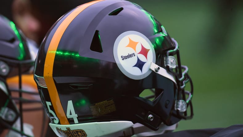 A Steelers helmet on display in 2024.