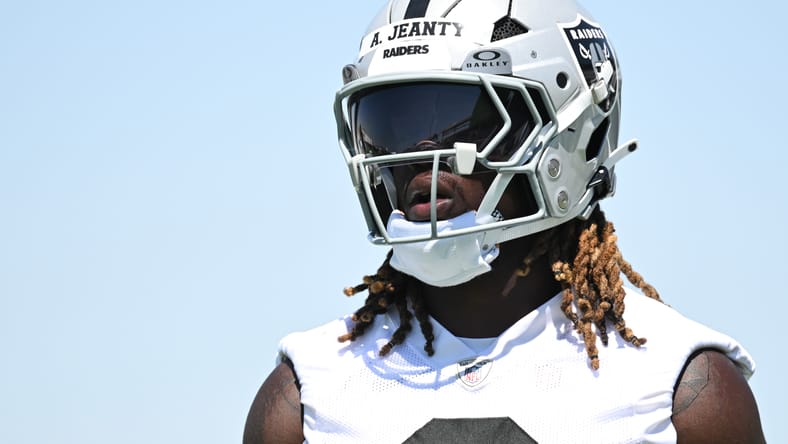 Raiders running back Ashton Jeanty looks on during minicamp drills in Henderson.