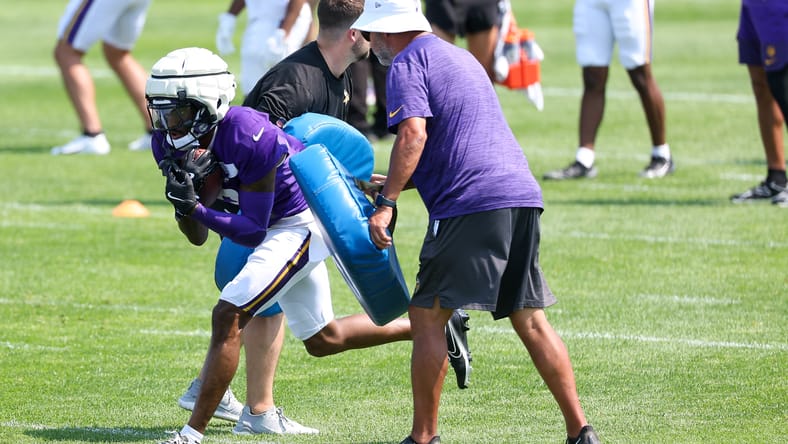 Jordan Addison runs drills at Vikings training camp.