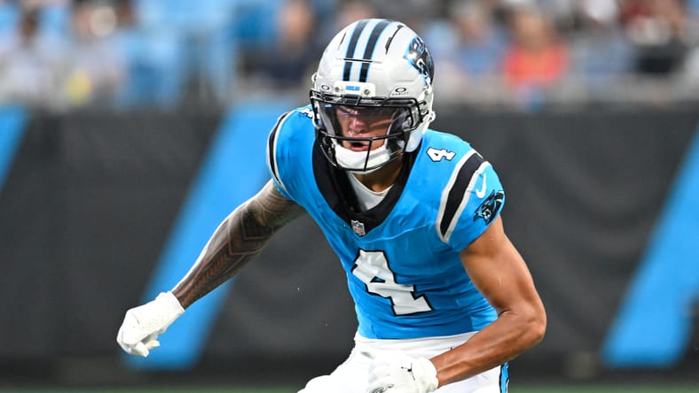 Carolina Panthers receiver Tetairoa McMillan on the field in Charlotte.