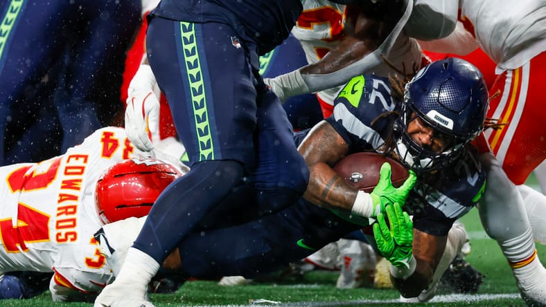 Damien Martinez scores a rushing touchdown for the Seahawks vs. Chiefs. Martinez could be a waiver wire target for the Vikings in the summer of 2025. 