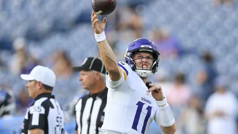 Brett Rypien throws during Vikings warmups before facing the Titans in 2025.