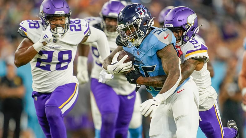 Mekhi Blackmon tackles Julius Chestnut during preseason game at Nissan Stadium.