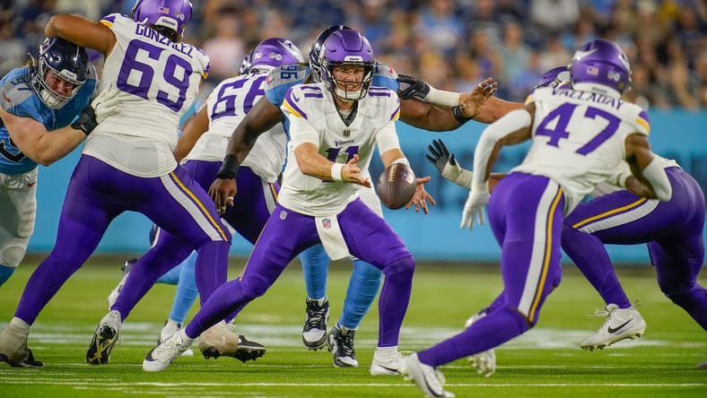 Brett Rypien throws a pass in Vikings preseason game against Titans. Rypien was a part of Vikings roster cuts in 2025. 