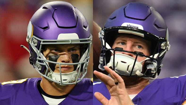 J.J. McCarthy and Carson Wentz, Vikings QB, in 2025