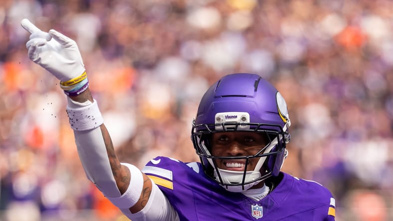 Isaiah Rodgers of the Vikings reacts after breaking up a pass against the Bengals at U.S. Bank Stadium.
