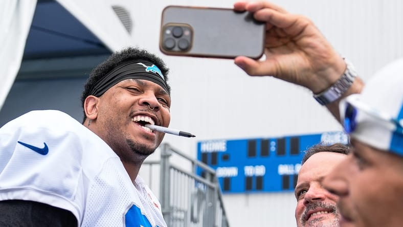 Marcus Davenport with the Lions in the summer of 2025