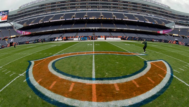 Chicago Bears logo at Soldier Field before Jets game.