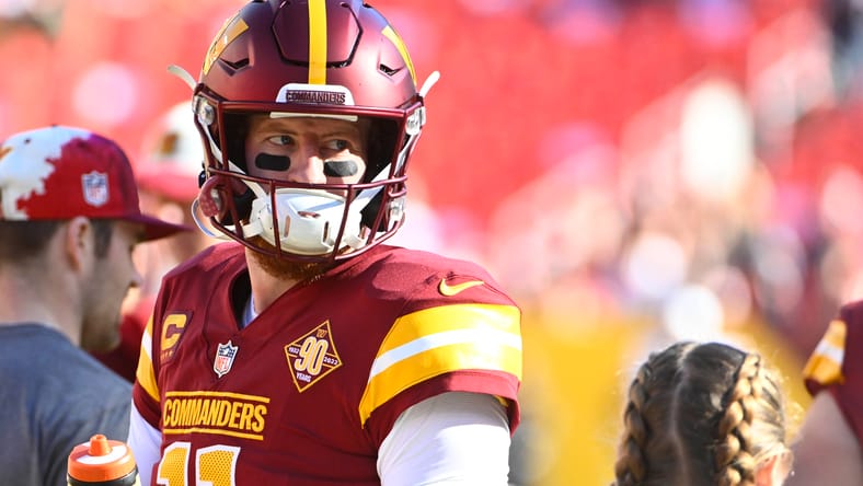 Carson Wentz before the Commanders’ 2023 game against the Browns at FedExField.