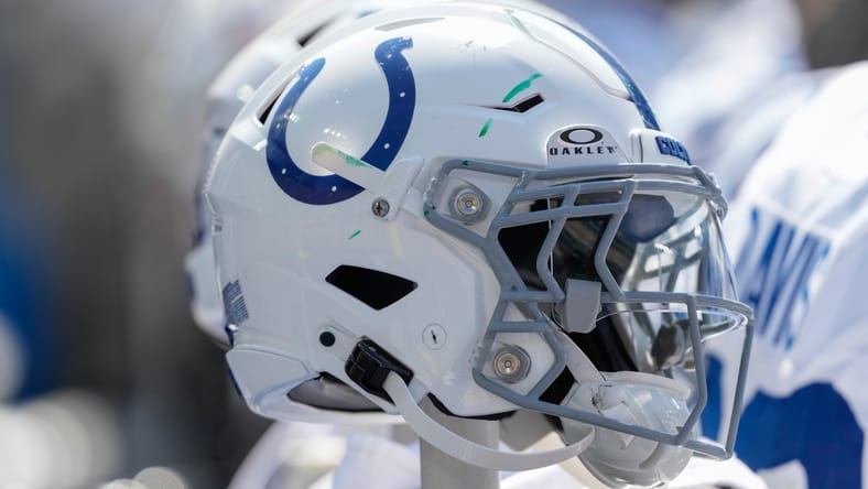 A Colts helmet on display in 2024