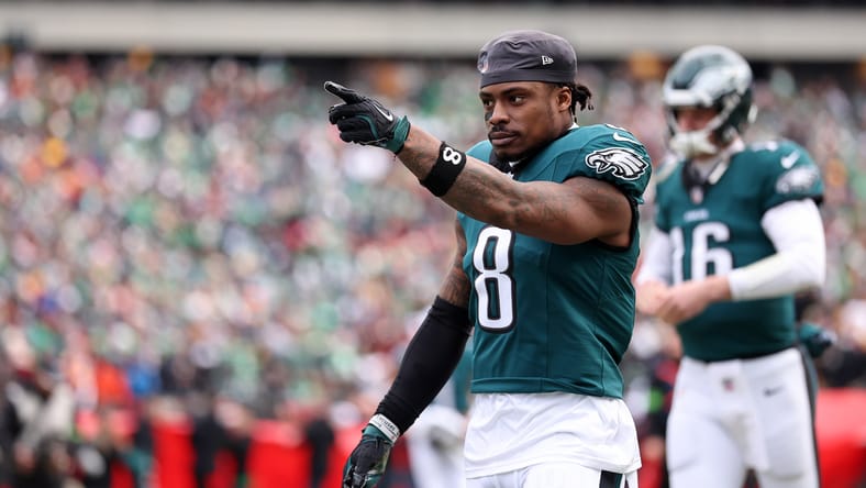 C.J. Gardner-Johnson gestures before NFC Championship game in 2025.