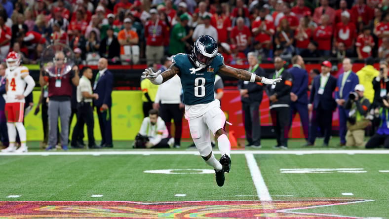 C.J. Gardner-Johnson celebrates defensive stop in Super Bowl LIX.