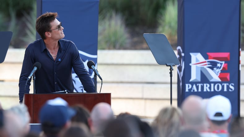 Tom Brady speaks at his statue unveiling ceremony in Foxborough.