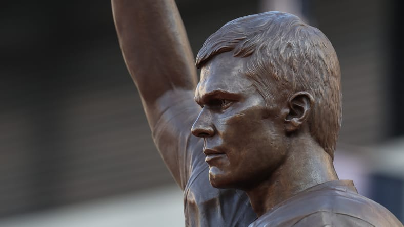 Tom Brady addresses fans during his Patriots statue unveiling at Gillette Stadium.