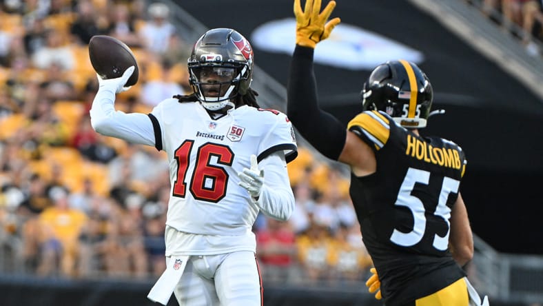 Teddy Bridgewater throws a pass under pressure against the Steelers in 2025 preseason.