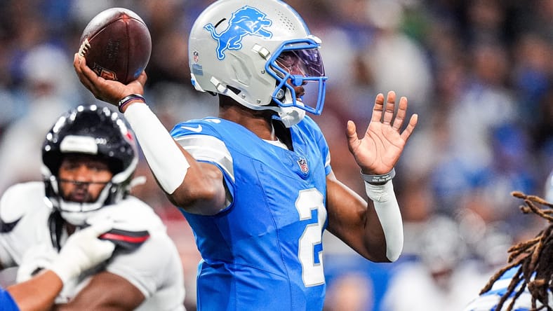 Hendon Hooker attempts a pass for the Lions against Houston.