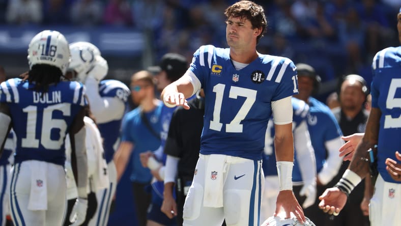 Former Vikings QB Daniel Jones in second-half action against the Dolphins at Lucas Oil Stadium.