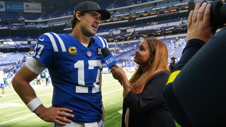 Daniel Jones is interviewed on the field after the Coltsโ win over the Dolphins.