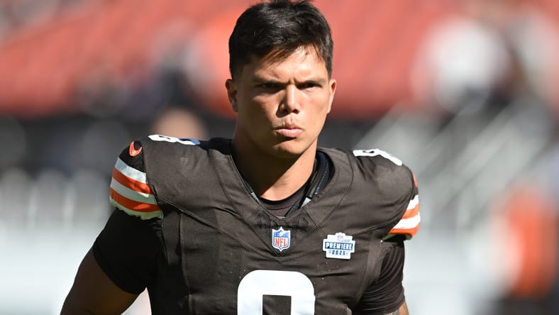Dillon Gabriel on field at Huntington Bank Field before Browns game. Gabriel will face the Vikings on Sunday in London. 