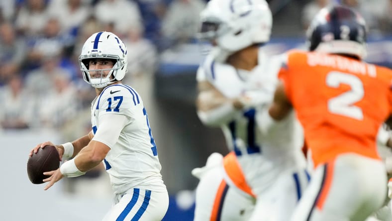 Daniel Jones looks to pass for the Colts against the Broncos at Lucas Oil Stadium.
