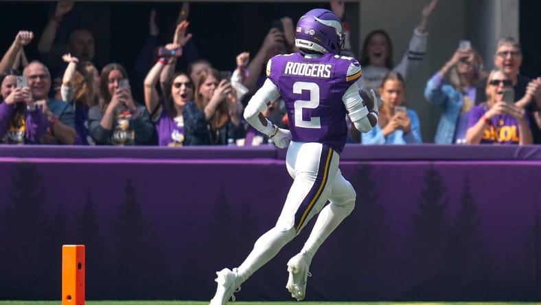Isaiah Rodgers returns an interception for a Vikings touchdown against the Bengals at U.S. Bank Stadium.