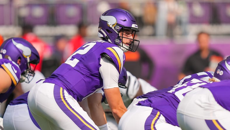 Max Brosmer lines up under center during the Vikings-Bengals matchup at U.S. Bank Stadium.