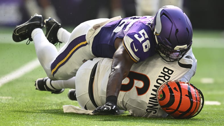 Austin Keys sacks Jake Browning during the Vikings’ Week 3 game against the Bengals in Minneapolis.