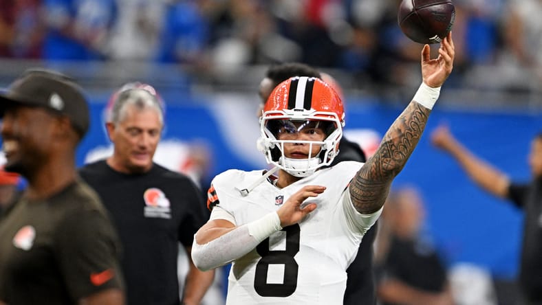 Dillon Gabriel warms up before Browns-Lions game at Ford Field.