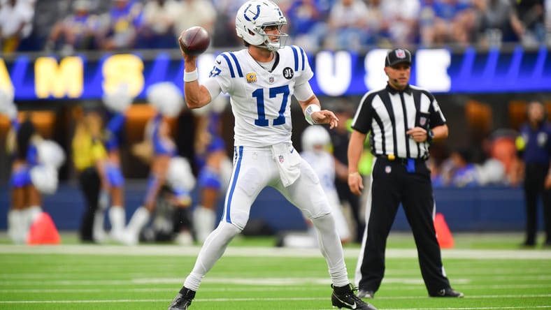 Colts quarterback Daniel Jones throws during first half against Rams at SoFi Stadium.