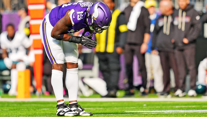 Dallas Turner reacts after a play during the Vikings’ home game against the Eagles in Minneapolis.