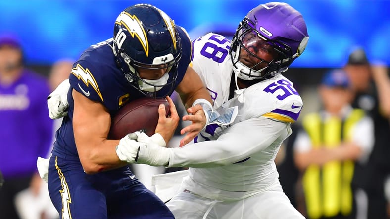 Vikings OLB Jonathan Greenard sacks Justin Herbert in Week 8 of 2025