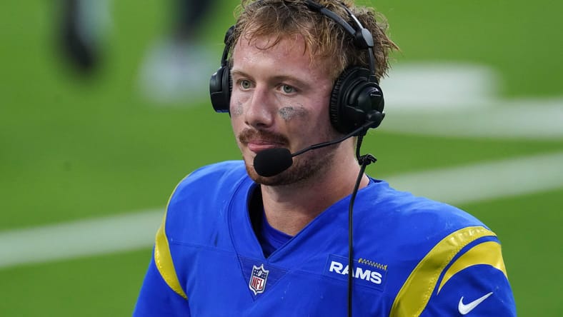 John Wolford speaks to reporters after leading the Rams to an 18-7 win over the Cardinals at SoFi Stadium in Inglewood.
