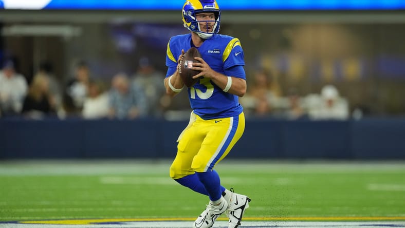 John Wolford throws a pass during the Ramsโ preseason game against the Texans at SoFi Stadium in Inglewood.
