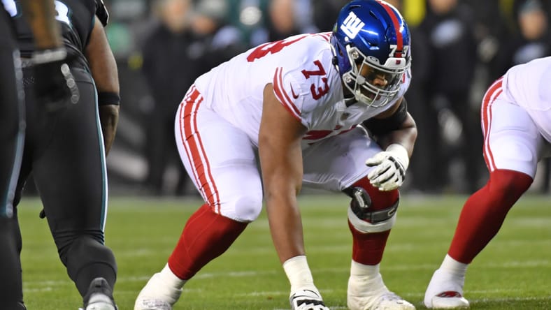 Evan Neal in action against Eagles at Lincoln Financial Field. Bleacher Report claimed in 2025 that the Vikings should trade for Neal. 