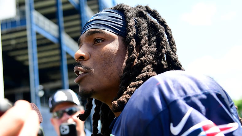 Kyle Dugger speaks with reporters during Patriots training camp at Gillette Stadium. Duggers was linked to the Vikings via trade be ESPN in 2025.