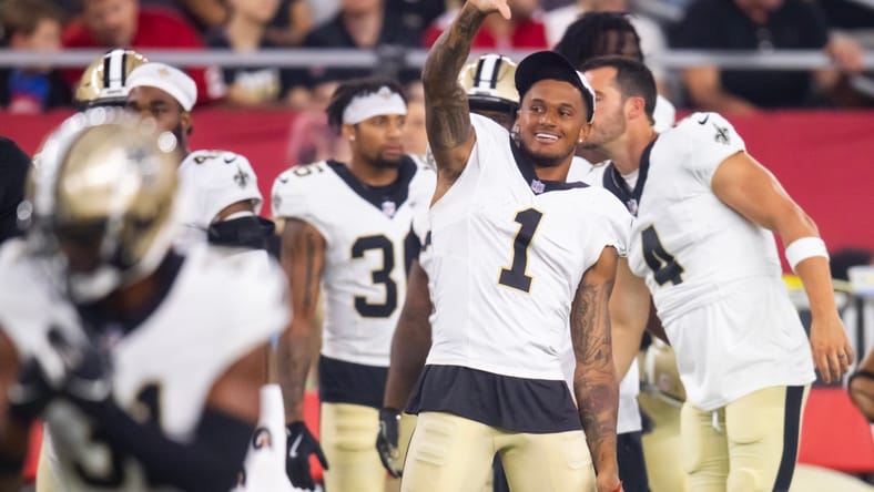 Alontae Taylor reacts during Saints preseason game against Cardinals. Taylor could be a trade target for the Vikings.