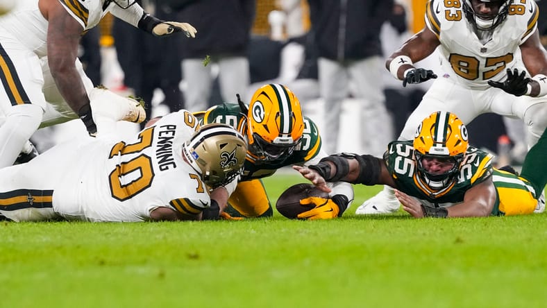 New Orleans Saints offensive lineman Trevor Pennings against the Packers in 2024