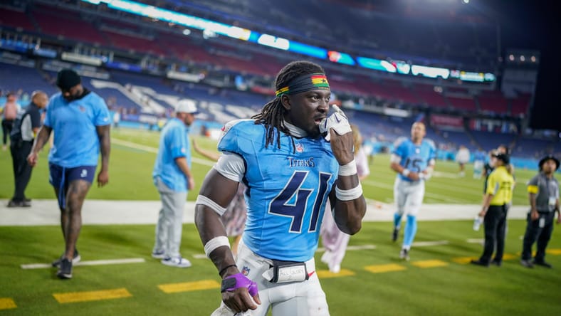 Brian Asamoah II leaves the field after the Titans’ preseason game against the Vikings at Nissan Stadium in Nashville.