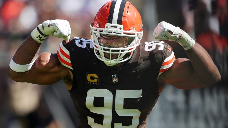 Myles Garrett celebrates sack of Joe Burrow in Browns-Bengals game.