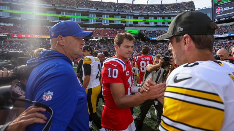 Drake Maye and Aaron Rodgers in 2025 playing against each other.