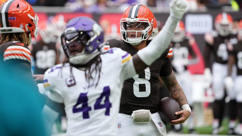 Browns quarterback Dillon Gabriel looks on during the International Series game in London.