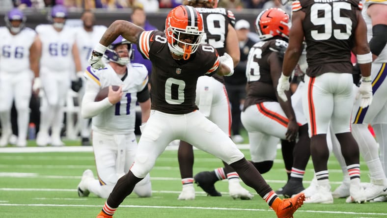 Greg Newsome II reacts after a defensive play against the Vikings in London.