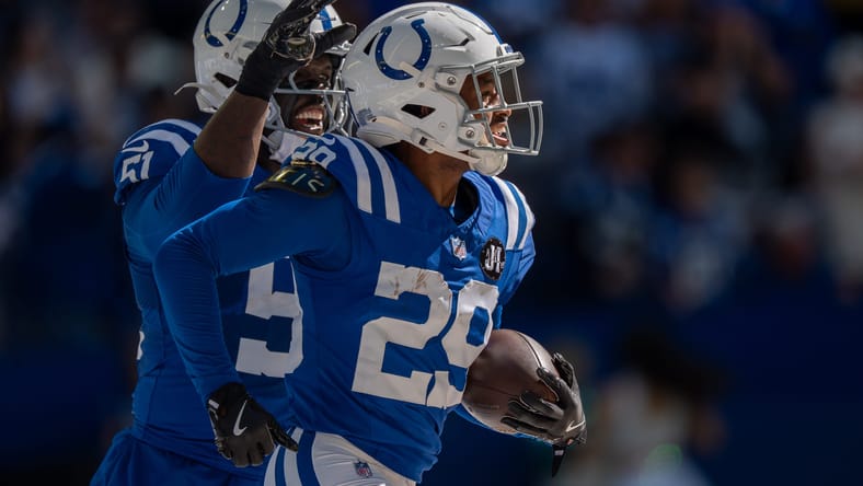 Mekhi Blackmon celebrates after intercepting a pass against the Cardinals at Lucas Oil Stadium.