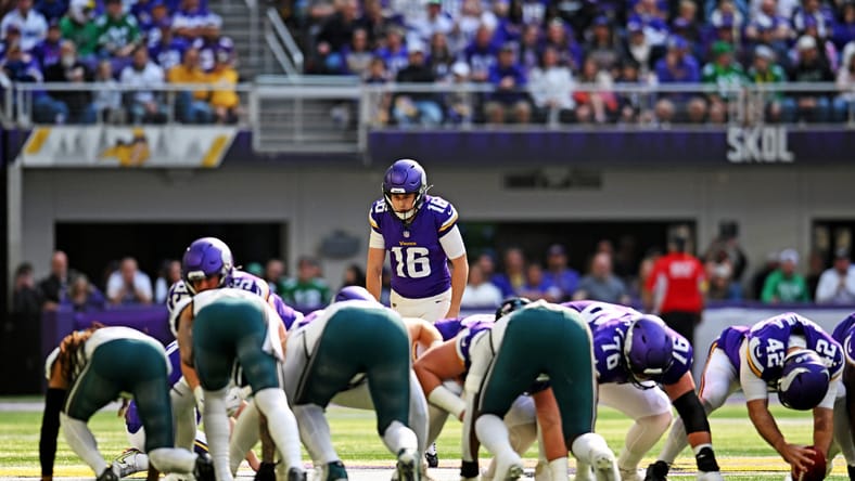 Will Reichard gestures during the Vikings’ first-half action against the Eagles at U.S. Bank Stadium.