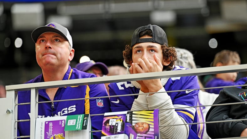 Minnesota Vikings fans watch the first half against the Philadelphia Eagles at U.S. Bank Stadium.